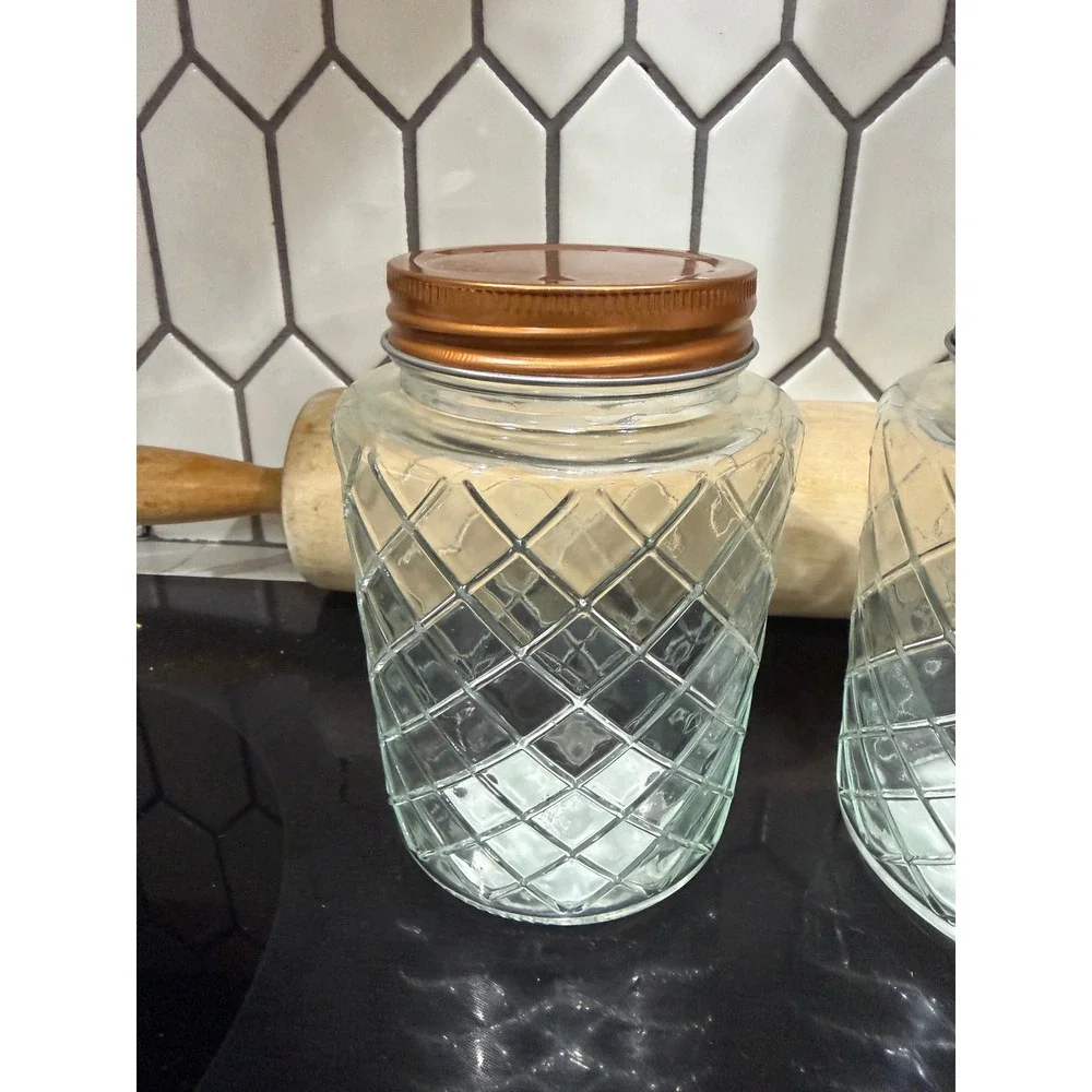 Set of 2 Diamond Textured Glass Jars with Copper Lids 5.5 Inch Storage Canisters